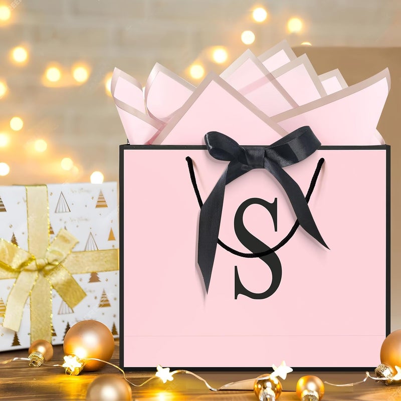 QLSKO Personalized Initial Paper Bag for Women Grils,Monogrammed Gift Bag with Bow Ribbon,Wrapping Tissue and Card Matching Envelope Sticker (Pink, S-Medium) - Image 4